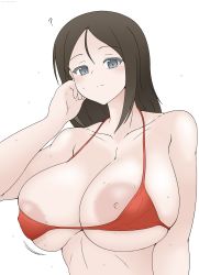 Rule 34 | 1girl, bikini, blue eyes, blush, breasts, breasts out, brown hair, cleavage, girls und panzer, hand on own face, highres, huge breasts, long hair, looking at viewer, micro bikini, nipples, nonna (girls und panzer), solo, swimsuit, urabashi, white background