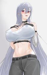 Rule 34 | 1girl, absurdres, armlet, azur lane, bandaged arm, bandages, bare shoulders, belt, black belt, black gloves, blush, breasts, cleavage, collar, commentary request, covered erect nipples, crop top, gloves, grey background, grey pants, hair between eyes, hands on own chest, highres, large breasts, lom (lom lom 8), long hair, navel, official alternate costume, open mouth, pants, red eyes, scar, silver hair, sovetskaya rossiya (azur lane), sovetskaya rossiya (the lackadaisical lookout) (azur lane), stomach, very long hair