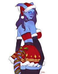 Rule 34 | 1girl, \||/, arm at side, artist name, bare shoulders, black gloves, black nails, black thighhighs, blank eyes, blue horns, blue sclera, blue skin, bow, breasts, closed mouth, colored nipples, colored sclera, colored skin, cowboy shot, diamond earrings, draenei, ear piercing, earrings, elbow gloves, eyeliner, fingerless gloves, forehead, from behind, fur-trimmed gloves, fur-trimmed headwear, fur-trimmed skirt, fur-trimmed tube top, fur trim, gloves, glowing, glowing eyes, hand on own ass, hat, high-waist skirt, highres, horn ornament, horn piercing, horns, jewelry, large breasts, legs together, linked piercing, long hair, looking at viewer, makeup, miniskirt, multiple piercings, nail polish, nose, nude, original, parted lips, piercing, pom pom (clothes), purple hair, red skirt, santa hat, signature, simple background, skirt, skulladraws, smirk, solo, standing, strapless, tail, tail bow, tail ornament, teeth, tendril, thighhighs, tube top, warcraft, white background, world of warcraft, zettai ryouiki