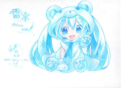 Rule 34 | 1girl, animal hands, animal hood, blue eyes, character name, colored pencil (medium), dated, gloves, happy birthday, hatsune miku, headset, hehehzb, hood, long hair, necktie, open mouth, paw gloves, paw shoes, shoes, sitting, snowflakes, solo, traditional media, twintails, very long hair, vocaloid, yuki miku