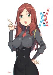 Rule 34 | 10s, 1girl, absurdres, blouse, breasts, character name, cloba, covered erect nipples, covered navel, darling in the franxx, green eyes, grey shirt, hand on own hip, high-waist skirt, highres, impossible clothes, large breasts, long skirt, long sleeves, looking at viewer, nana (darling in the franxx), open mouth, red hair, shirt, skirt, solo, white background