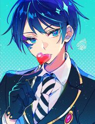 Rule 34 | 1boy, aqua background, ben-day dots, black gloves, black jacket, blue eyes, blue hair, candy, closed mouth, collared shirt, commentary, deuce spade, diagonal-striped clothes, diagonal-striped necktie, facial mark, food, food in mouth, gloves, heart, highres, holding, holding candy, holding food, holding lollipop, jacket, lollipop, long sleeves, looking at viewer, male focus, necktie, night raven college uniform, onko, polka dot, polka dot background, school uniform, screentones, shaped lollipop, shirt, short hair, sideways glance, simple background, solo, spade (shape), striped clothes, striped necktie, symbol-shaped pupils, twisted wonderland, white shirt