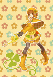 Rule 34 | 1girl, apron, bad id, bad pixiv id, boots, brown hair, capelet, detached sleeves, female focus, floral print, flower, full body, gloves, green eyes, head scarf, hood, maca, original, plaid, shorts, solo, thighhighs, waist apron, watering can