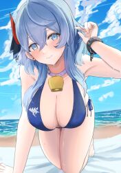 Rule 34 | 1girl, ako (blue archive), all fours, armpits, bare legs, barefoot, beach, bell, bikini, blue archive, blue bikini, blue eyes, blue hair, blush, breasts, cafenami, cleavage, earrings, head tilt, jewelry, large breasts, looking at viewer, neck bell, outdoors, side-tie bikini bottom, smile, solo, stud earrings, swimsuit, toes