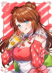 Rule 34 | 1girl, breasts, brown hair, choker, cleavage, commission, crepe, double bun, emirichu (character), food, frilled choker, frills, hair bun, heart, high-waist skirt, highres, holding, holding food, indie virtual youtuber, long hair, medium breasts, shinishi chiho, skirt, smile, solo, sparkle, virtual youtuber, white skirt