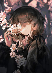 Rule 34 | 1girl, black bow, black dress, blurry, blurry background, bow, brown eyes, brown hair, cherry blossoms, closed mouth, covering one eye, dress, flower, hair bow, hand up, highres, light smile, lobelia (saclia), long hair, looking at viewer, original, outdoors, pink flower, puffy sleeves, solo, tree, twilight, upper body