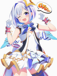 Rule 34 | 1girl, ;d, amane kanata, angel, angel wings, asymmetrical bangs, belt, blue bow, blue bowtie, blue hair, blue skirt, blue thighhighs, blue wings, bob cut, bow, bow skirt, bowtie, breasts, claw pose, colored inner hair, fang, feathered wings, gloves, gradient wings, grey hair, halo, highres, hololive, hololive idol uniform, idol, layered skirt, looking at viewer, miniskirt, multicolored hair, multicolored wings, official alternate costume, one eye closed, open mouth, purple eyes, seek arrow, short hair, single hair intake, single thighhigh, skin fang, skirt, skirt set, sleeveless, small breasts, smile, solo, star halo, thighhighs, vest, virtual youtuber, white bow, white gloves, white skirt, white vest, white wings, wings, wrist cuffs