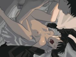 Rule 34 | 1boy, 1girl, bed, breasts, censored, clothed female nude male, closed eyes, game cg, hetero, inclusion, lying, missionary, nipples, nude, on back, open clothes, open mouth, open shirt, sex, shirt, spread legs, takamichi, vaginal