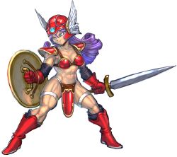 Rule 34 | 1girl, abs, armor, bikini armor, black background, blue eyes, boots, breasts, dragon quest, dragon quest iii, elbow gloves, female focus, full body, gloves, helmet, highres, kisuu, long hair, muscular, muscular female, purple hair, red armor, shield, soldier (dq3), solo, square enix, sword, transparent background, weapon, winged helmet