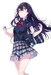 Rule 34 | 1girl, bag, black shirt, bow, bowtie, breasts, closed mouth, copyright request, earphones, feet out of frame, green eyes, grey skirt, hair ornament, holding, holding earphones, long hair, looking at viewer, looking down, medium breasts, miniskirt, novel illustration, official art, plaid, plaid skirt, pleated skirt, purple hair, red bow, red bowtie, school bag, shirt, shirt tucked in, short sleeves, shoulder bag, simple background, single earphone removed, skirt, solo, thighs, u35, upskirt, white background, x hair ornament