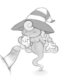 Rule 34 | 1girl, blush stickers, breasts, curly hair, disembodied penis, foreskin, ghost, ghost tail, greyscale, hat, highres, long hair, mario (series), mato spectoru, monochrome, nintendo, no eyes, no nipples, paper mario, paper mario: the thousand year door, penis, small breasts, uncensored, vivian (paper mario)