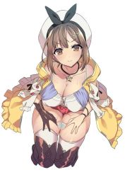 Rule 34 | atelier (series), atelier ryza, atelier ryza 1, breasts, brown eyes, brown hair, cleavage, gloves, hat, jewelry, koikawa minoru, large breasts, looking at viewer, necklace, red shorts, reisalin stout, short shorts, shorts, single glove, sitting, solo, thighhighs, thighs