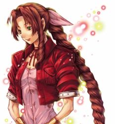 Rule 34 | 1girl, 2000s (style), aerith gainsborough, amatari sukuzakki, bracelet, braid, breasts, brown hair, buttons, choker, cleavage, cropped jacket, curly hair, dress, female focus, final fantasy, final fantasy vii, green eyes, jacket, jewelry, long hair, lowres, necklace, pink dress, red jacket, ribbon, solo, square enix, white background