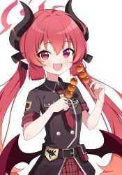 Rule 34 | 1girl, absurdres, belt, black belt, black horns, black jacket, blue archive, blush, dango, demon horns, demon wings, exusiai dust, food, hair between eyes, halo, highres, holding, holding food, horns, jacket, junko (blue archive), long hair, mitarashi dango, open mouth, pleated skirt, pointy ears, red eyes, red hair, red halo, red skirt, red wings, short sleeves, simple background, skirt, smile, solo, twintails, wagashi, white background, wings