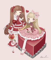 Rule 34 | 2girls, blonde hair, bow, brown eyes, brown hair, cup, dress, flower, food, frilled bow, frilled dress, frills, fruit, hair bow, hand on own cheek, hand on own face, heart, leaf, lolita fashion, long hair, multiple girls, one eye closed, original, pantyhose, pink background, pink bow, pink dress, pink footwear, red dress, red flower, red footwear, shirosaki london, shoes, signature, simple background, sitting, socks, strawberry, sweet lolita, twintails, very long hair, white legwear