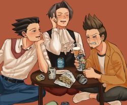 Rule 34 | 3boys, ace attorney, alcohol, ascot, bad id, bad pixiv id, beer, beer can, black hair, brown hair, can, crying, drink can, drunk, facial hair, foam mustache, highres, larry butz, male focus, miles edgeworth, multiple boys, necktie, orange background, phoenix wright, renshu usodayo, smile, snack