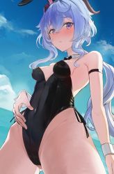 Rule 34 | 1girl, absurdres, animal ears, arm strap, bare shoulders, black leotard, blue hair, blue sky, blush, bow, bowtie, breasts, covered navel, cowboy shot, detached collar, fake animal ears, ganyu (genshin impact), genshin impact, groin, highleg, highleg leotard, highres, horns, leotard, looking at viewer, parted lips, playboy bunny, purple eyes, rabbit ears, sky, small breasts, solo, strigidae, wrist cuffs