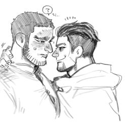 Rule 34 | 2boys, ?, bara, beard stubble, bursting pectorals, buzz cut, couple, evil smile, eye contact, facial hair, from side, golden kamuy, graphite (medium), greyscale, hand on another&#039;s neck, happy aura, highres, kasuke (li tgknk), looking at another, loose hair strand, male focus, mature male, monochrome, motion lines, multiple boys, muscular, muscular male, ogata hyakunosuke, pectorals, profile, short hair, sketch, smile, spoken question mark, stubble, tanigaki genjirou, thick eyebrows, traditional media, translation request, very short hair, yaoi