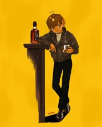 Rule 34 | 1boy, absurdres, alcohol, artist name, black jacket, black pants, brown eyes, brown hair, chilchuck tims, drink, dungeon meshi, full body, halfling, highres, holding, holding drink, jacket, katy ho, leather, leather jacket, loafers, male focus, pants, ribbed sweater, shoes, short hair, solo, sweater, white sweater, yellow background