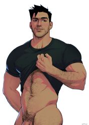 Rule 34 | 1boy, ass, bara, beard, black hair, black shirt, bottomless, chest hair, closed mouth, clothes lift, facial hair, flaccid, hairy, highres, large pectorals, male focus, muscular, muscular male, naked shirt, navel, navel hair, original, pectorals, penis, seupil hyugo (spirohugo), shirt, shirt lift, short hair, simple background, smile, solo, white background
