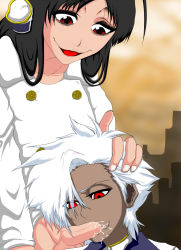 Rule 34 | 2boys, androgynous, black hair, bleach, bleach: sennen kessen-hen, cum, cum in mouth, dark skin, dominia, fellatio, giselle gewelle, hand on another&#039;s head, hat, highres, hitsugaya toushirou, long hair, looking at another, male focus, multiple boys, open mouth, oral, penis, red eyes, smile, trap, uncensored, uniform, white hair, white headwear, yaoi, zombie