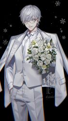 Rule 34 | 1boy, belt, bishounen, black background, bouquet, breast pocket, buttons, chromatic aberration, collared shirt, eyelashes, flower, formal, glasses, grey eyes, grey hair, grin, hand in pocket, highres, holding, holding bouquet, jacket, jacket on shoulders, koshika rina, leaf, long bangs, long sleeves, looking at viewer, male focus, necktie, original, pale skin, pants, pocket, rose, shirt, short hair, signature, smile, snowflake ornament, snowflakes, solo, standing, suit, suit jacket, upper body, vest, watermark, white flower, white lily, white rose, white suit, white vest