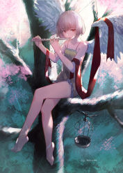 Rule 34 | 1girl, angel, angel wings, artist name, bad id, bad pixiv id, bare shoulders, barefoot, cage, collarbone, feathered wings, highres, holding, holding instrument, instrument, music, original, outdoors, pink hair, playing instrument, red eyes, short hair, sitting, string, tree, watori re, wings