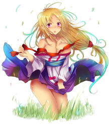 Rule 34 | 1girl, arc the lad, arc the lad ii, ass, bare shoulders, blonde hair, blush, braid, breasts, cleavage, dress, kara (color), large breasts, legs, lieza (arc the lad), long hair, looking at viewer, open mouth, purple eyes, solo, wind, wind lift