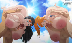Rule 34 | 2boys, 2girls, :&gt;=, ass, black hair, blush, breasts, brown eyes, censored, curvy, dark-skinned male, dark skin, fellatio, glasses, huge ass, huge breasts, huge testicles, large areolae, large penis, long hair, multiple boys, multiple girls, nami (one piece), nico robin, nipples, one piece, open mouth, oral, orange hair, paizuri, penis, rtenzo, standing, testicles, text focus, upright 69, upside-down, wide hips