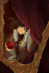 Rule 34 | 1girl, alternate costume, animal ears, apple, breasts, brown hair, cleavage, curtain grab, curtains, drawfag, food, fruit, holding, holo, jewelry, long hair, necklace, red eyes, smile, solo, spice and wolf, victorian, wolf ears