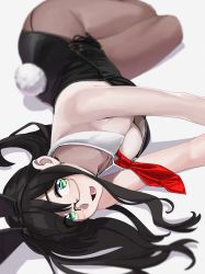 Rule 34 | 1girl, absurdres, animal ears, back-seamed legwear, black hair, black leotard, black pantyhose, blurry, breasts, depth of field, detached collar, downblouse, extra ears, fishnet pantyhose, fishnets, green eyes, highres, kantai collection, leotard, long hair, lying, medium breasts, necktie, ojipon, on side, ooyodo (kancolle), pantyhose, playboy bunny, rabbit ears, rabbit tail, red necktie, seamed legwear, semi-rimless eyewear, small breasts, smile, solo, strapless, strapless leotard, tail, under-rim eyewear, wrist cuffs