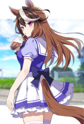 Rule 34 | 1girl, back bow, blue sky, blurry, blurry background, blush, bow, breasts, clothing cutout, cloud, cloudy sky, coffee cup, commentary request, cup, disposable cup, drinking straw, drinking straw in mouth, earrings, fence, grass, hair between eyes, holding, holding cup, jewelry, long hair, mauve, medium breasts, multicolored hair, outdoors, purple bow, purple eyes, purple shirt, school uniform, shirt, short sleeves, single earring, skirt, sky, solo, streaked hair, summer uniform, symboli rudolf (umamusume), tail, tail through clothes, thighhighs, tracen school uniform, umamusume, white hair, white thighhighs