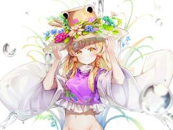 Rule 34 | 1girl, absurdres, bad id, bad pixiv id, blonde hair, blue flower, blush, bottomless, breasts, brown hat, commentary, dampi, flower, frills, frog, groin, hand on headwear, hands up, hat, hat flower, highres, leaf, lily pad, long hair, long sleeves, looking at viewer, medium breasts, moriya suwako, navel, out-of-frame censoring, pink flower, purple flower, purple vest, shirt, sidelocks, simple background, smile, solo, stomach, touhou, vest, water, water drop, white background, white shirt, wide sleeves, yellow eyes