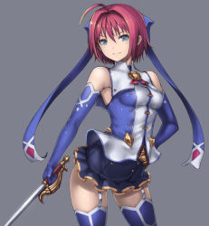 Rule 34 | 1girl, bare shoulders, blue eyes, blue gloves, blue thighhighs, breasts, elbow gloves, garter straps, gloves, grey background, hand on own hip, holding, holding sword, holding weapon, katagiri (a1466502), looking at viewer, original, purple hair, rapier, short hair, sitting, smile, solo, sword, thighhighs, weapon