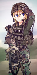 Rule 34 | 1girl, arm up, assault rifle, bad id, bad pixiv id, battle rifle, blonde hair, blue eyes, camouflage, closed mouth, dutchko, gloves, gun, hair between eyes, hand on own head, hat, helmet, holding, holding gun, holding weapon, load bearing vest, long sleeves, looking away, looking to the side, m4 carbine, ammunition pouch, military, military uniform, original, outdoors, pouch, rifle, scope, short hair, smile, solo, standing, suppressor, sweat, uniform, weapon