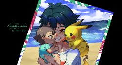 Rule 34 | 2boys, ash ketchum, beach, black hair, brown eyes, brown hair, carrying, child carry, cloud, cloudy sky, collarbone, creatures (company), day, framed, game freak, gen 1 pokemon, green eyes, grin, highres, lei (pokemon), looking at another, multiple boys, nintendo, ocean, on shoulder, open mouth, outdoors, pikachu, pokemon, pokemon (anime), pokemon (creature), pokemon on shoulder, pokemon journeys, shirt, sky, smile, sparkle, thumb sucking, twitter username, upper body, white shirt
