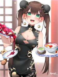 Rule 34 | 1girl, blush, breasts, brown hair, china dress, chinese clothes, cleavage, cleavage cutout, clothing cutout, dress, earrings, green eyes, hair ornament, hanamori healthy, highres, holding, indie virtual youtuber, jewelry, long hair, medium breasts, melty+, open mouth, pepushi drow, serving, smile, solo, tray, twintails, virtual youtuber