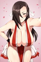 Rule 34 | 1girl, armpit peek, bare hips, bare shoulders, blush, breasts, brown eyes, brown hair, cherry blossoms, cleavage, commission, cosplay, cowboy shot, downblouse, fatal fury, female focus, fire emblem, fire emblem fates, hair over one eye, hand on own hip, highres, japanese clothes, kagero (fire emblem), kimono, large breasts, leaning forward, lindaroze, long hair, looking at viewer, matching hair/eyes, ninja, nintendo, no panties, pelvic curtain, ponytail, red kimono, revealing clothes, shiranui mai, shiranui mai (cosplay), simple background, sleeveless, sleeveless kimono, smile, solo, the king of fighters, thighs, trait connection