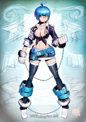 Rule 34 | 1girl, ahoge, belt, black thighhighs, blue hair, breasts, chain, cleavage, female focus, front-tie shirt, front-tie top, full body, glasses, gloves, gradient background, l.wolf, large breasts, red eyes, short hair, skirt, solo, thighhighs