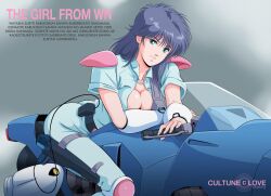 Rule 34 | 1980s (style), 1girl, akai koudan zillion, apple (zillion), belt, breasts, cable, cleavage, energy gun, english text, green eyes, grin, holster, looking at viewer, machinery, mikimoto haruhiko (style), official style, oldschool, purple hair, ray gun, retro artstyle, riding, science fiction, sega light phaser, shoulder pads, smile, uniform, waeba yuusee, weapon