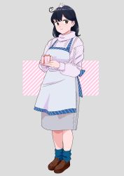 Rule 34 | 1girl, ahoge, animal, animal on head, apron, bad id, bad twitter id, beige sweater, black hair, blue socks, brown eyes, brown footwear, full body, gift, grey apron, grey background, grey skirt, highres, kantai collection, loafers, long hair, long skirt, looking at viewer, multicolored background, ojipon, on head, rabbit, rabbit on head, shoes, skirt, smile, socks, solo, ushio (kancolle)