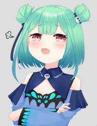 Rule 34 | 1girl, :3, :d, puff of air, animal print, bad id, bad pixiv id, blue dress, blue sleeves, blush, brooch, butterfly print, crossed arms, detached sleeves, double bun, doyagao, dress, earrings, green hair, grey background, hair bun, hair ornament, hair ribbon, hololive, jewelry, long sleeves, looking at viewer, looking down, nanamiya natsumi, open mouth, red eyes, ribbon, short dress, short hair, short hair with long locks, simple background, skull earrings, skull hair ornament, smile, smug, solo, upper body, uruha rushia, uruha rushia (1st costume), virtual youtuber, wide sleeves