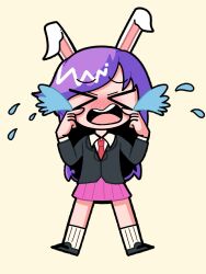 Rule 34 | &gt; &lt;, 1girl, animal ears, black footwear, black jacket, blazer, blush, closed eyes, collared shirt, commentary request, cookie (touhou), crying, full body, highres, hisui (cookie), jacket, long hair, medium bangs, necktie, open mouth, pink skirt, purple hair, rabbit ears, rabbit girl, red necktie, reisen udongein inaba, shirt, shoes, simple background, skirt, socks, solo, streaming tears, swept bangs, sznkrs, tears, teeth, touhou, upper teeth only, very long hair, white shirt, white socks