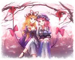 Rule 34 | 2girls, adapted costume, alternate costume, alternate hair length, alternate hairstyle, arm ribbon, armband, black footwear, blonde hair, blush, bow, breasts, cherry blossoms, choker, cleavage, collar, collarbone, diamond (shape), dress, floral print, fog, forest, friends, frilled collar, frilled kimono, frilled shirt collar, frills, gap (touhou), hair bow, hair ribbon, hand on lap, hand up, happy, hat, japanese clothes, kimono, layered dress, crossed legs, long hair, long sleeves, looking at another, minust, mob cap, multiple girls, nature, obi, open mouth, petals, pink eyes, pink hair, puffy long sleeves, puffy sleeves, purple dress, purple eyes, ribbon, ribbon-trimmed sleeves, ribbon choker, ribbon trim, saigyouji yuyuko, sash, shoes, sidelocks, sitting, smile, swing, touhou, tree, triangular headpiece, very long hair, white dress, wide sleeves, yakumo yukari, yuri