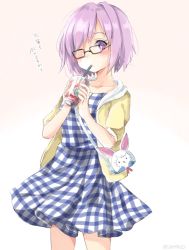 Rule 34 | 1girl, bad id, bad pixiv id, bag, black-framed eyewear, blush, cowboy shot, cup, dress, drinking, drinking glass, drinking straw, fate/grand order, fate (series), hair over one eye, highres, hood, hoodie, light purple hair, looking at viewer, mash kyrielight, mash kyrielight (senpai killer outfit), official alternate costume, open clothes, open hoodie, plaid, plaid dress, purple eyes, shiromoru (yozakura rety), short hair, shoulder bag, solo, translated