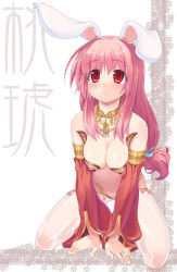 Rule 34 | 1girl, amasa mitsunaru, animal ears, bare shoulders, blush, breasts, cleavage, dancer, detached sleeves, duplicate, gold, gypsy, gypsy (ragnarok online), harem pants, jewelry, large breasts, lots of jewelry, pants, pink hair, rabbit ears, ragnarok online, red eyes, red hair, revision, see-through, solo