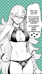 Rule 34 | 1girl, bikini, breasts, cleavage, crossed bangs, earrings, english text, fate/grand order, fate (series), green background, greyscale with colored background, grin, hair between eyes, half-closed eyes, heart, highres, horns, jewelry, long hair, medium breasts, mixed-language commentary, navel, official alternate costume, olga marie animusphere, shinsaku (stan-art), simple background, single horn, smile, solo, speech bubble, stomach, swimsuit, u-olga marie, very long hair