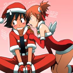 Rule 34 | 1boy, 1girl, ash ketchum, assertive female, bare shoulders, belt, black hair, blush, breasts, child, christmas, clenched teeth, creatures (company), dress, earrings, elbow gloves, fake wings, fingerless gloves, friend zone, fur-trimmed dress, fur-trimmed gloves, fur-trimmed pants, fur trim, game freak, gloves, gradient background, hard-translated, hat, jewelry, kneeling, knees apart feet together, looking at another, looking away, looking to the side, misty (pokemon), nintendo, orange hair, pants, pokemon, pokemon (anime), poking, red dress, red footwear, red gloves, red pants, ribbon, santa hat, short dress, short hair, short sleeves, side ponytail, simple background, small breasts, strapless, strapless dress, sweatdrop, takaya n, teeth, thighs, third-party edit, translated, wings