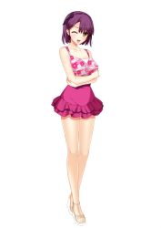 Rule 34 | 1girl, akino subaru, bare shoulders, braid, breasts, crossed arms, dress, full body, hairband, highres, hoshi ori yume mirai, koizumi amane, looking at viewer, non-web source, one eye closed, open mouth, purple hair, sandals, short dress, short hair, smile, solo, standing, transparent background, yellow eyes