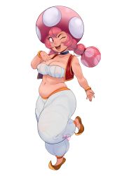 Rule 34 | 1girl, absurdres, bracelet, braid, breasts, choker, cleavage, collarbone, full body, highres, jewelry, mario (series), medium breasts, mushroom, nagainosfw, navel, nintendo, one eye closed, open mouth, pants, pink hair, plump, pointy footwear, red eyes, red vest, simple background, smile, solo, standing, standing on one leg, strapless, teeth, toadette, tongue, tube top, twin braids, twintails, vest, white background, white pants, wink, yellow footwear
